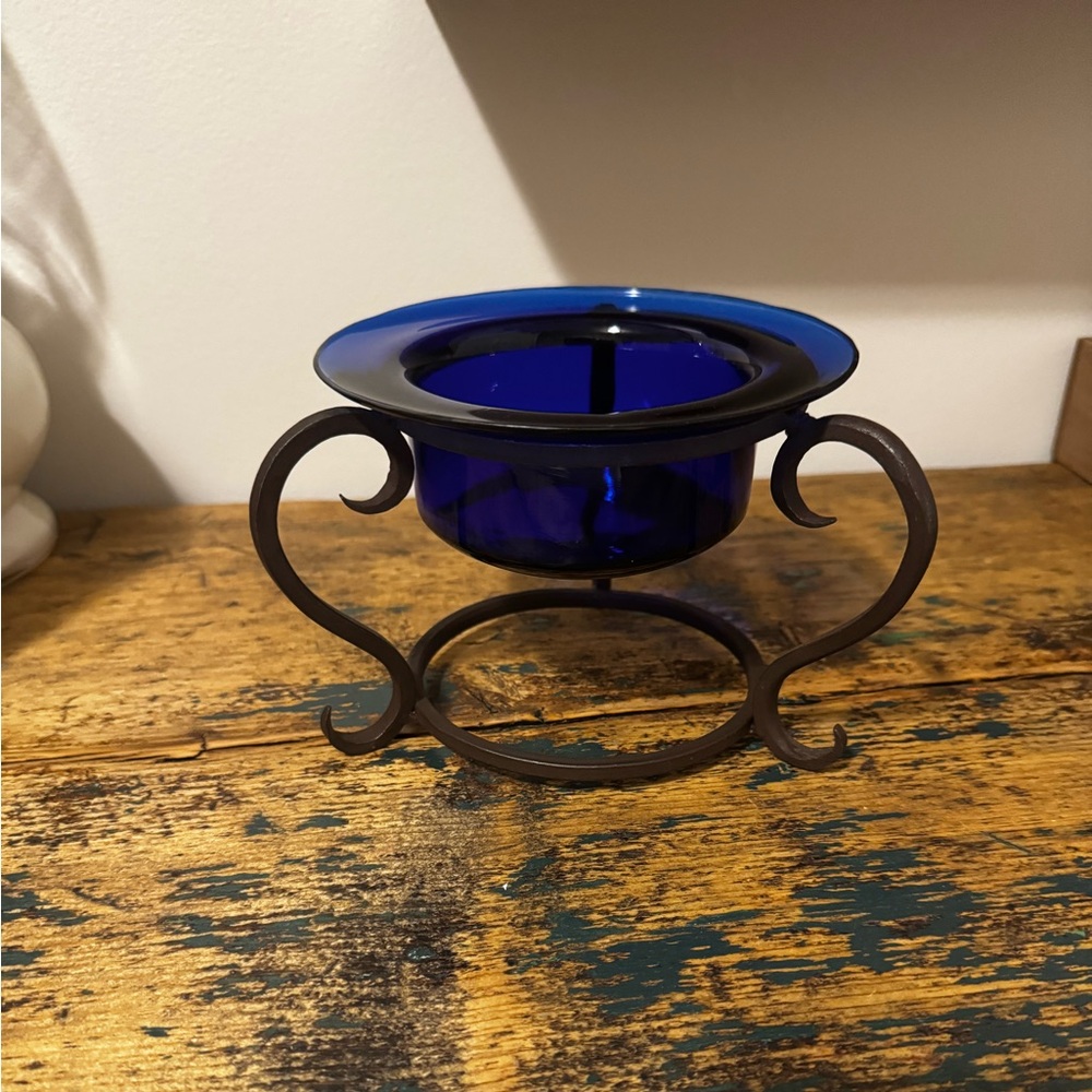 Elegant Blue Glass Candle Holder with Metal Stand